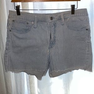 White & blue stripped jean cut-off shorts from Jcrew Mercantile.
